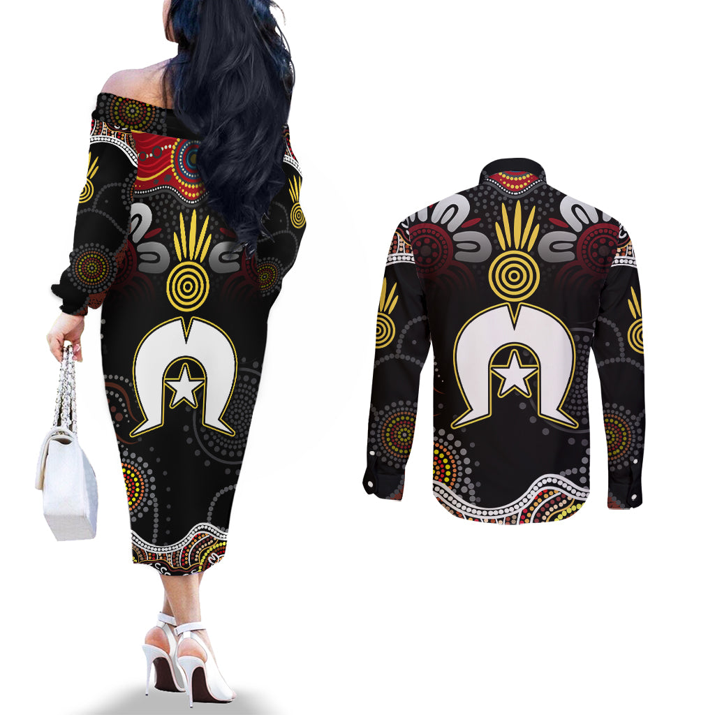 Torest Trait Islands Mix Aboriginal Pattern Couples Matching Off The Shoulder Long Sleeve Dress and Long Sleeve Button Shirt