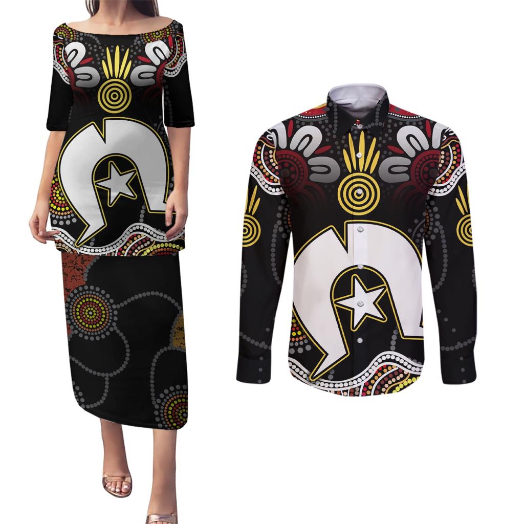 Torest Trait Islands Mix Aboriginal Pattern Couples Matching Puletasi and Long Sleeve Button Shirt