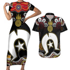 Torest Trait Islands Mix Aboriginal Pattern Couples Matching Short Sleeve Bodycon Dress and Hawaiian Shirt
