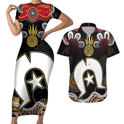 Torest Trait Islands Mix Aboriginal Pattern Couples Matching Short Sleeve Bodycon Dress and Hawaiian Shirt