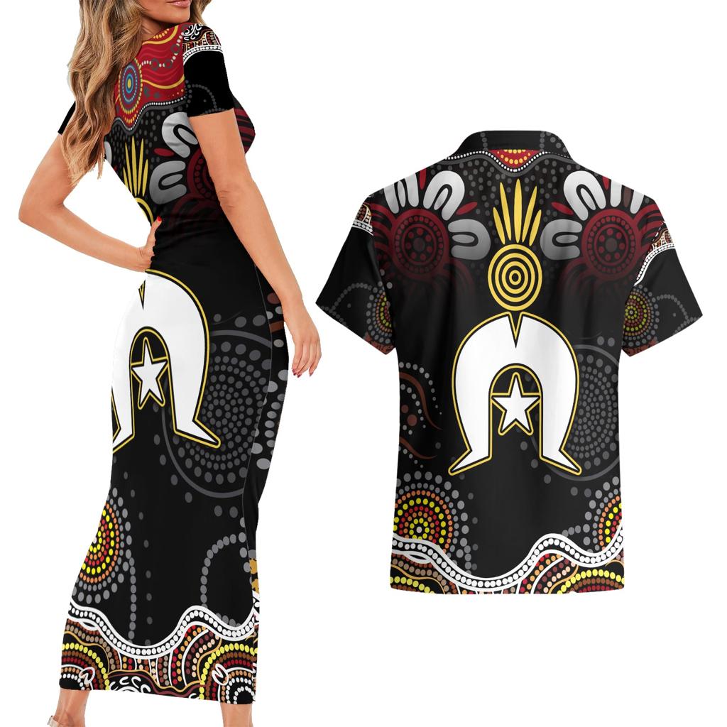 Torest Trait Islands Mix Aboriginal Pattern Couples Matching Short Sleeve Bodycon Dress and Hawaiian Shirt