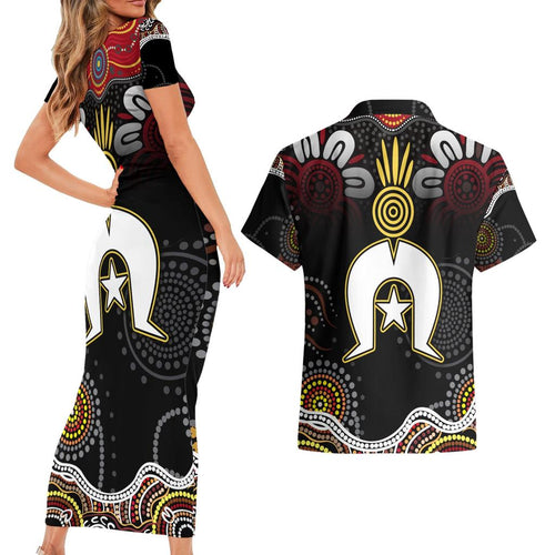 Torest Trait Islands Mix Aboriginal Pattern Couples Matching Short Sleeve Bodycon Dress and Hawaiian Shirt