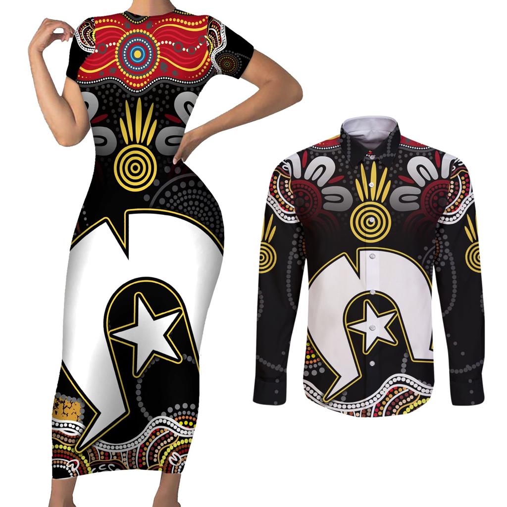 Torest Trait Islands Mix Aboriginal Pattern Couples Matching Short Sleeve Bodycon Dress and Long Sleeve Button Shirt
