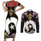 Torest Trait Islands Mix Aboriginal Pattern Couples Matching Short Sleeve Bodycon Dress and Long Sleeve Button Shirt