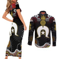 Torest Trait Islands Mix Aboriginal Pattern Couples Matching Short Sleeve Bodycon Dress and Long Sleeve Button Shirt