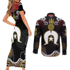 Torest Trait Islands Mix Aboriginal Pattern Couples Matching Short Sleeve Bodycon Dress and Long Sleeve Button Shirt