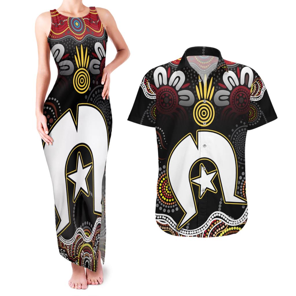 Torest Trait Islands Mix Aboriginal Pattern Couples Matching Tank Maxi Dress and Hawaiian Shirt