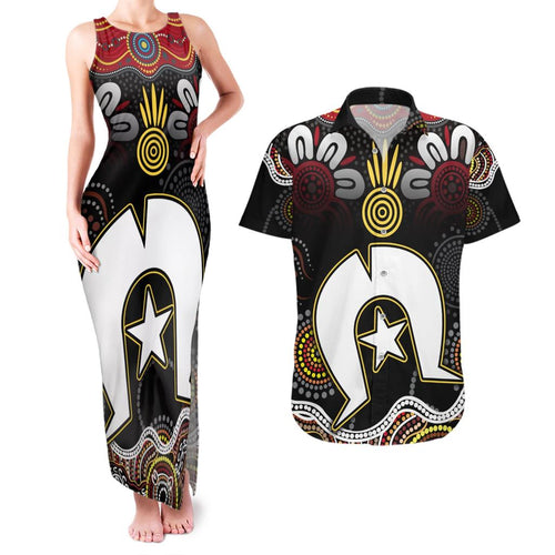 Torest Trait Islands Mix Aboriginal Pattern Couples Matching Tank Maxi Dress and Hawaiian Shirt
