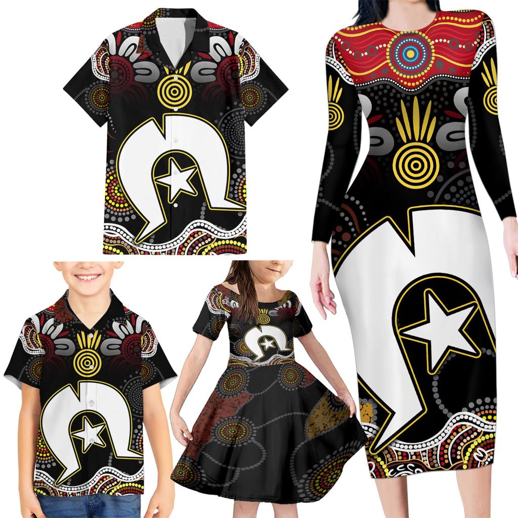 Torest Trait Islands Mix Aboriginal Pattern Family Matching Long Sleeve Bodycon Dress and Hawaiian Shirt