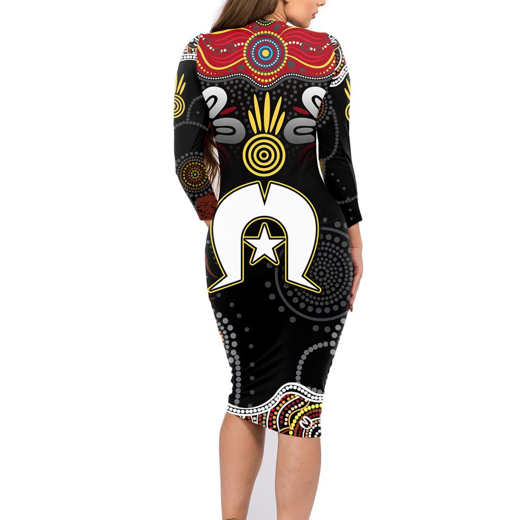 Torest Trait Islands Mix Aboriginal Pattern Family Matching Long Sleeve Bodycon Dress and Hawaiian Shirt