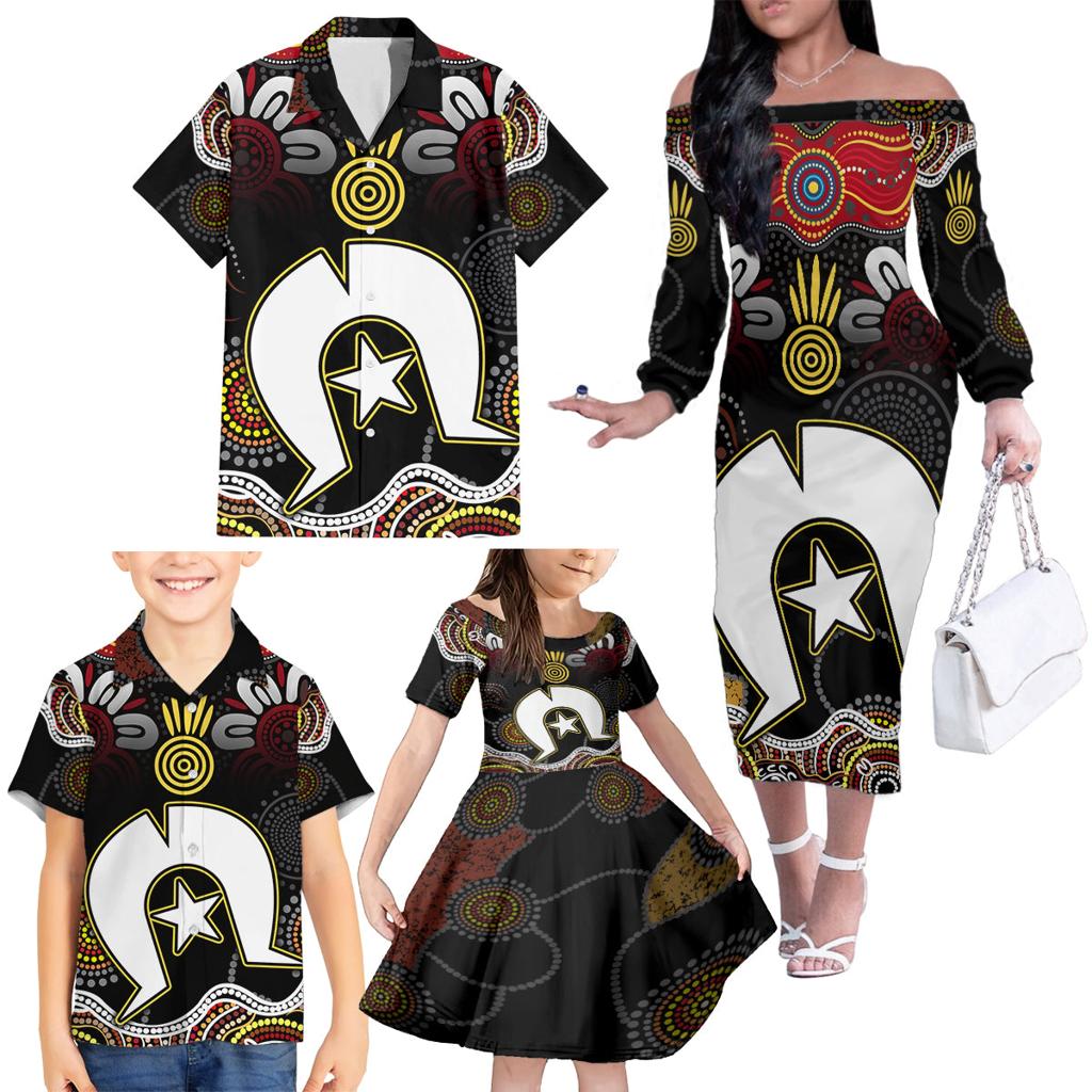 Torest Trait Islands Mix Aboriginal Pattern Family Matching Off Shoulder Long Sleeve Dress and Hawaiian Shirt