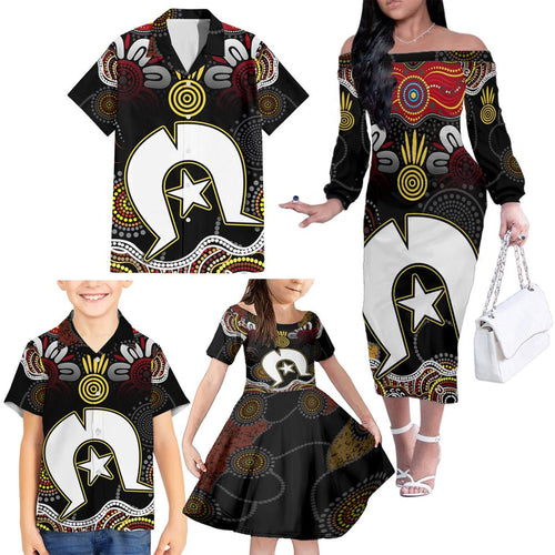 Torest Trait Islands Mix Aboriginal Pattern Family Matching Off Shoulder Long Sleeve Dress and Hawaiian Shirt