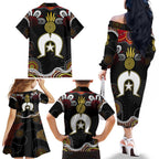 Torest Trait Islands Mix Aboriginal Pattern Family Matching Off Shoulder Long Sleeve Dress and Hawaiian Shirt