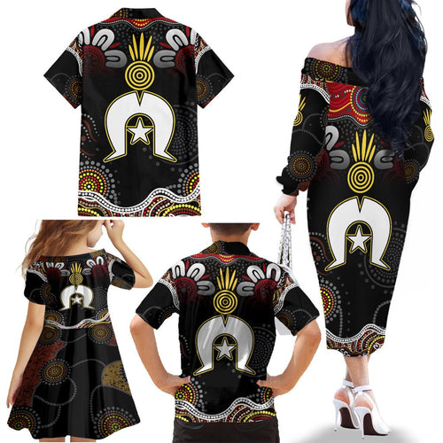 Torest Trait Islands Mix Aboriginal Pattern Family Matching Off Shoulder Long Sleeve Dress and Hawaiian Shirt
