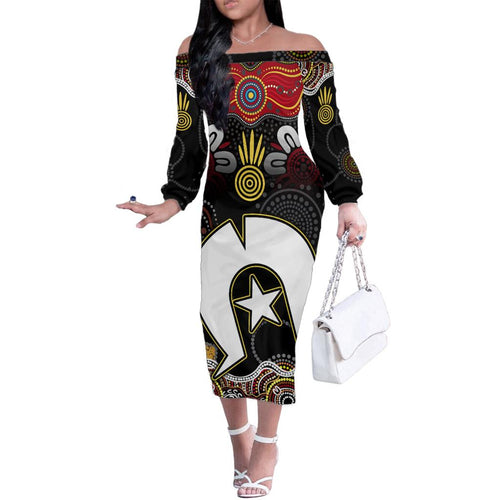 Torest Trait Islands Mix Aboriginal Pattern Family Matching Off Shoulder Long Sleeve Dress and Hawaiian Shirt