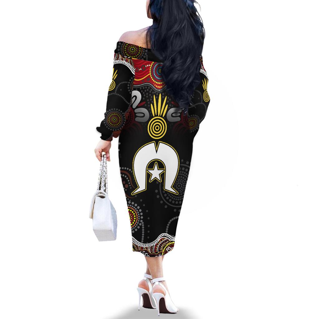 Torest Trait Islands Mix Aboriginal Pattern Family Matching Off Shoulder Long Sleeve Dress and Hawaiian Shirt