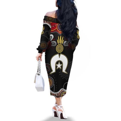 Torest Trait Islands Mix Aboriginal Pattern Family Matching Off Shoulder Long Sleeve Dress and Hawaiian Shirt