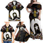 Torest Trait Islands Mix Aboriginal Pattern Family Matching Off Shoulder Maxi Dress and Hawaiian Shirt