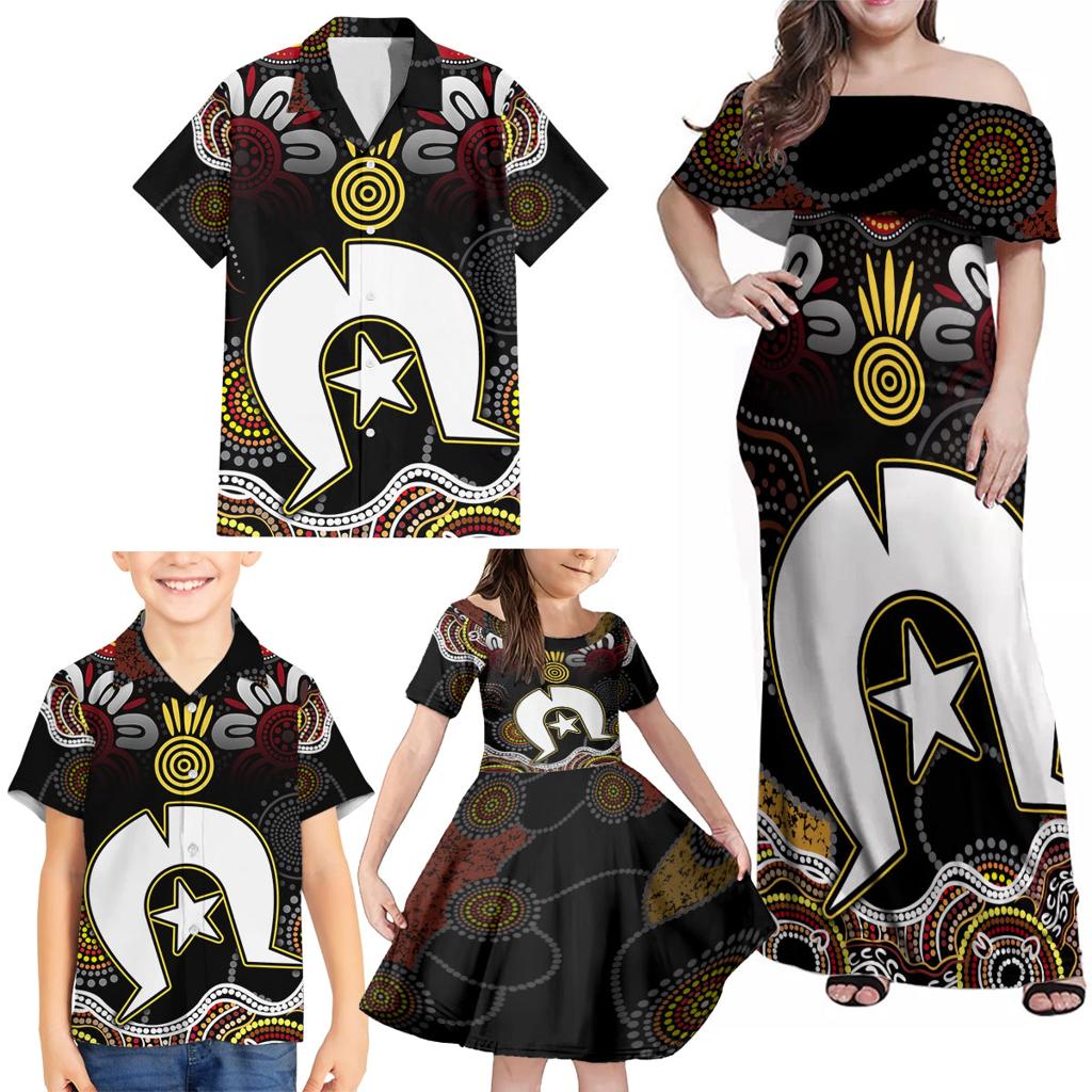 Torest Trait Islands Mix Aboriginal Pattern Family Matching Off Shoulder Maxi Dress and Hawaiian Shirt