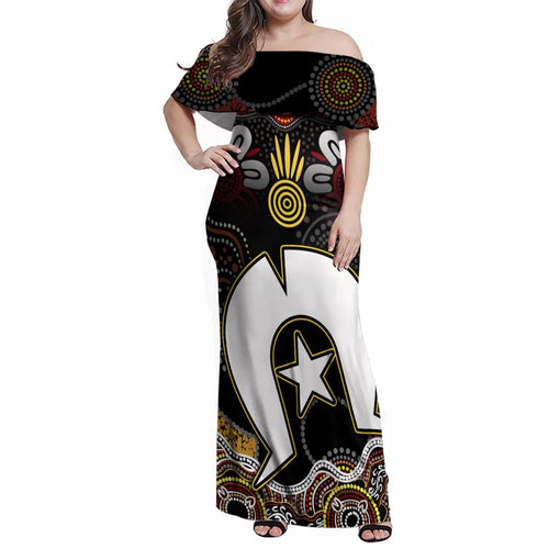 Torest Trait Islands Mix Aboriginal Pattern Family Matching Off Shoulder Maxi Dress and Hawaiian Shirt