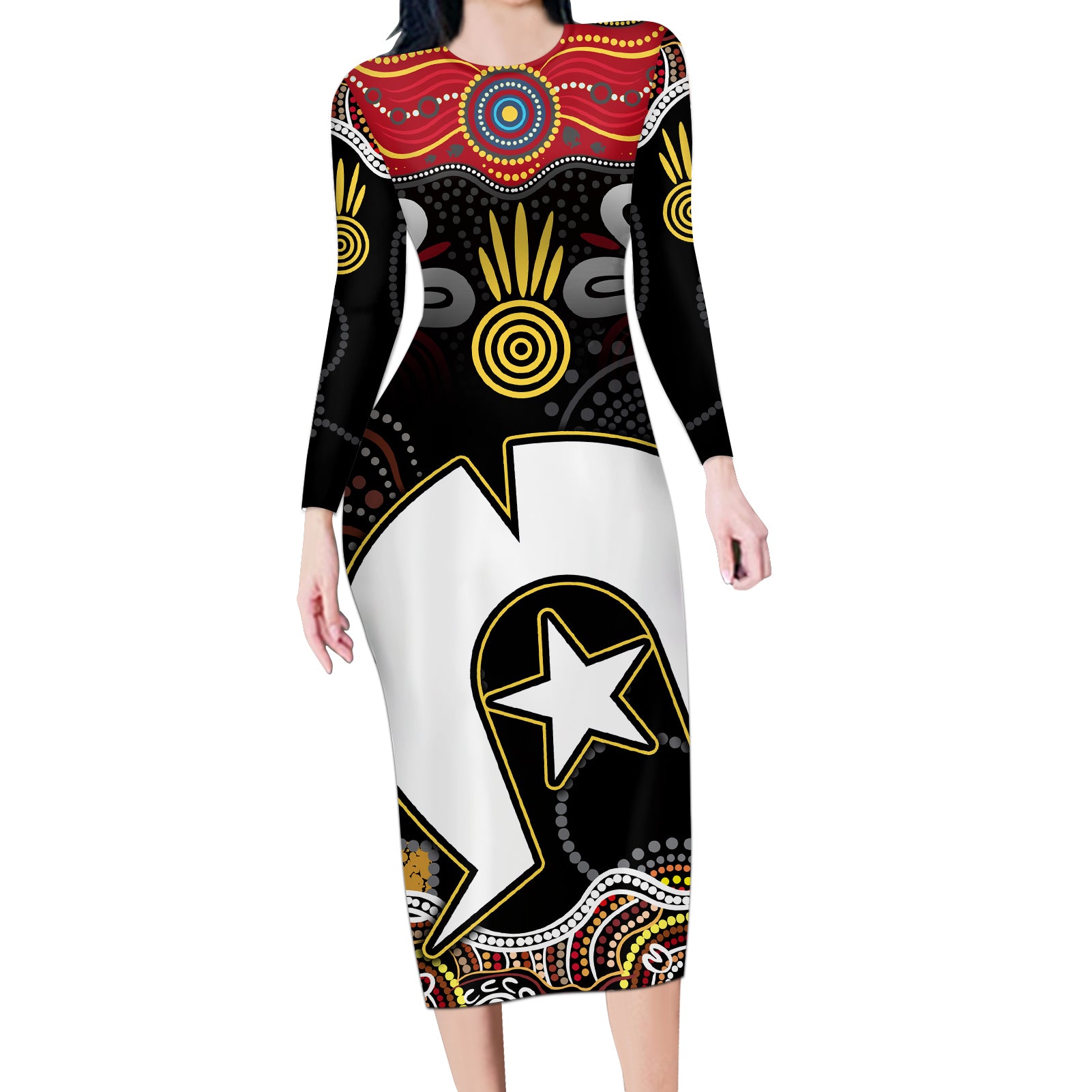 Torest Trait Islands Mix Aboriginal Pattern Long Sleeve Bodycon Dress