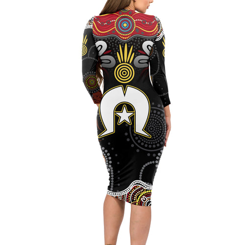 Torest Trait Islands Mix Aboriginal Pattern Long Sleeve Bodycon Dress