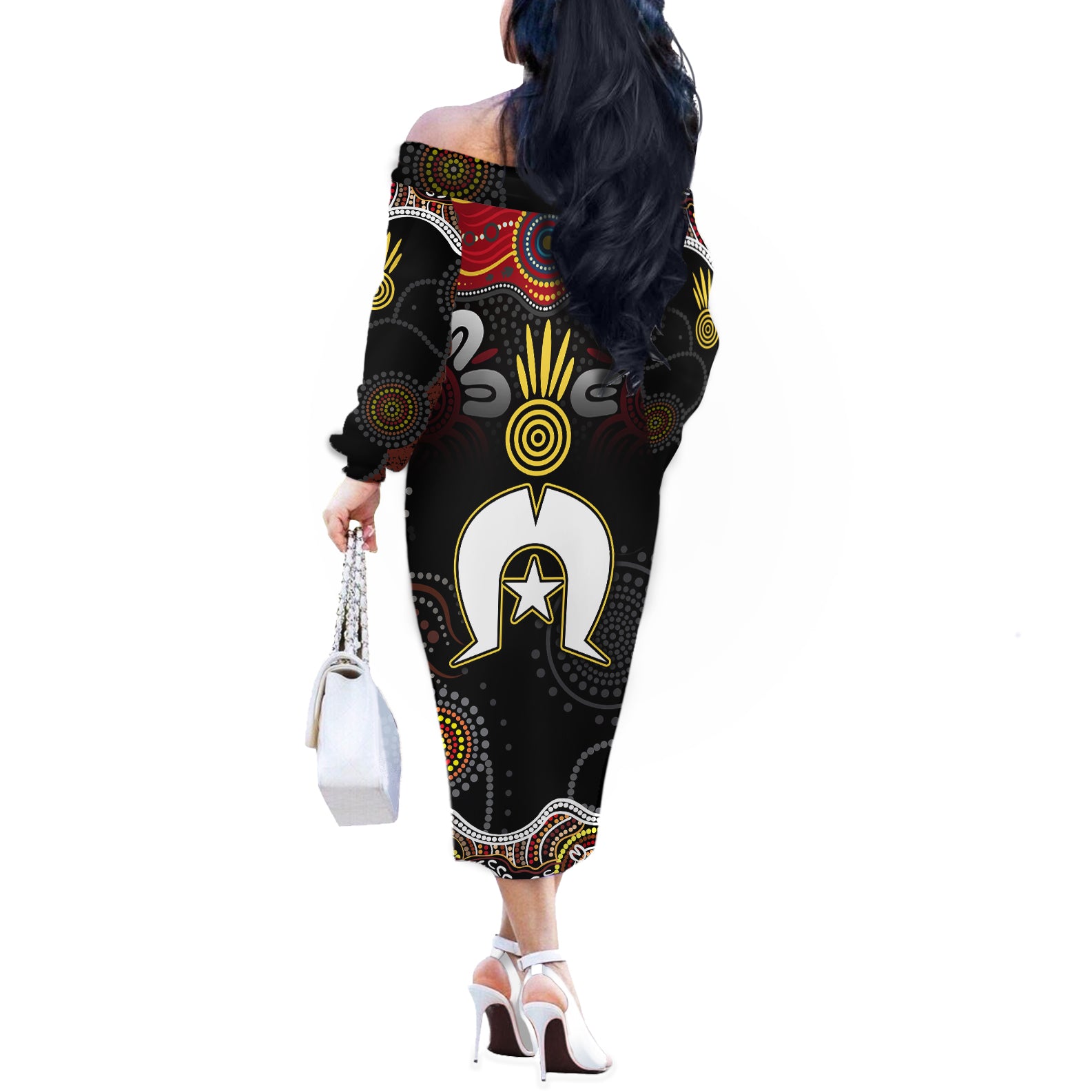 Torest Trait Islands Mix Aboriginal Pattern Off The Shoulder Long Sleeve Dress