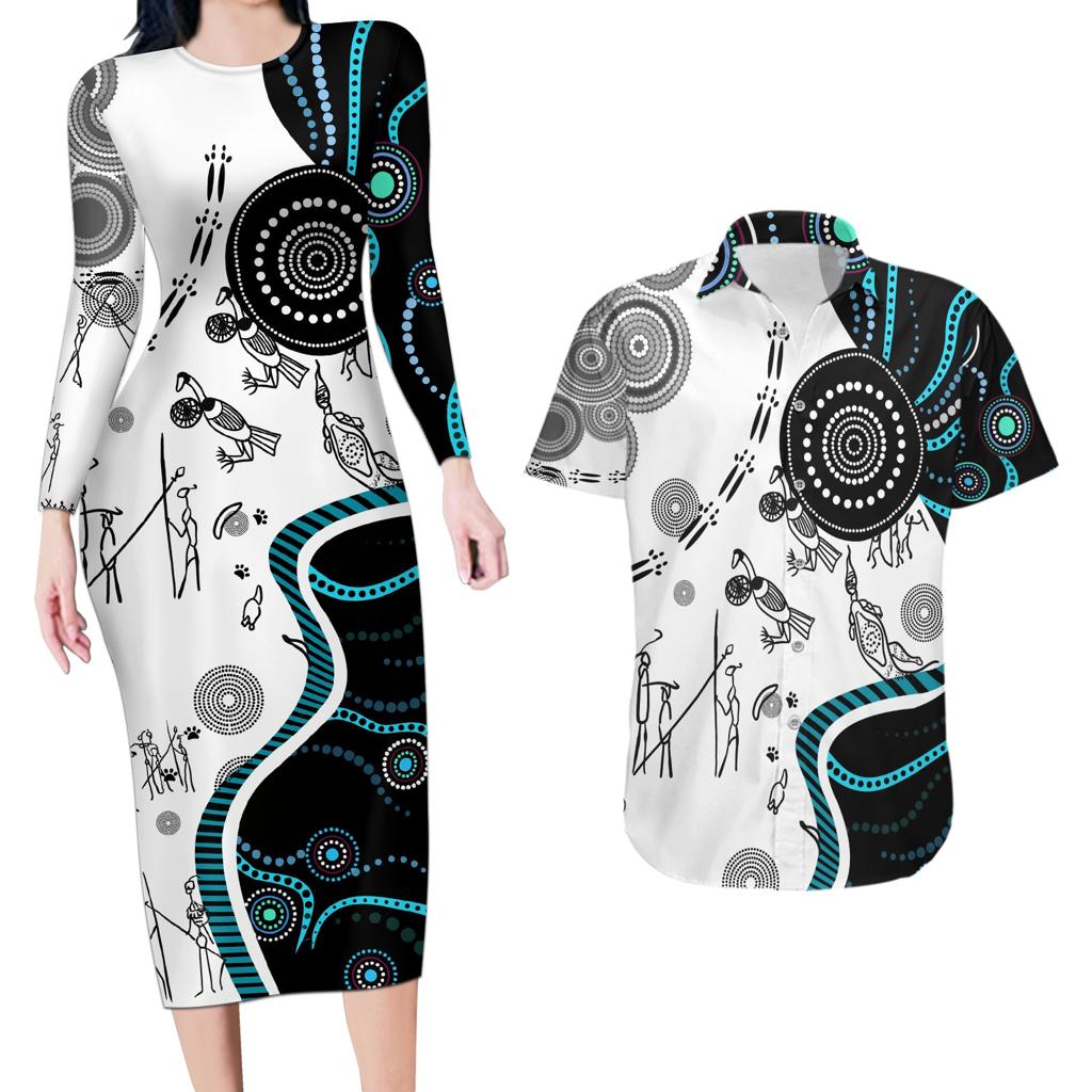 Aboriginal Pattern Torest  Strait Island Couples Matching Long Sleeve Bodycon Dress and Hawaiian Shirt