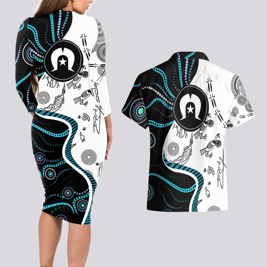 Aboriginal Pattern Torest  Strait Island Couples Matching Long Sleeve Bodycon Dress and Hawaiian Shirt