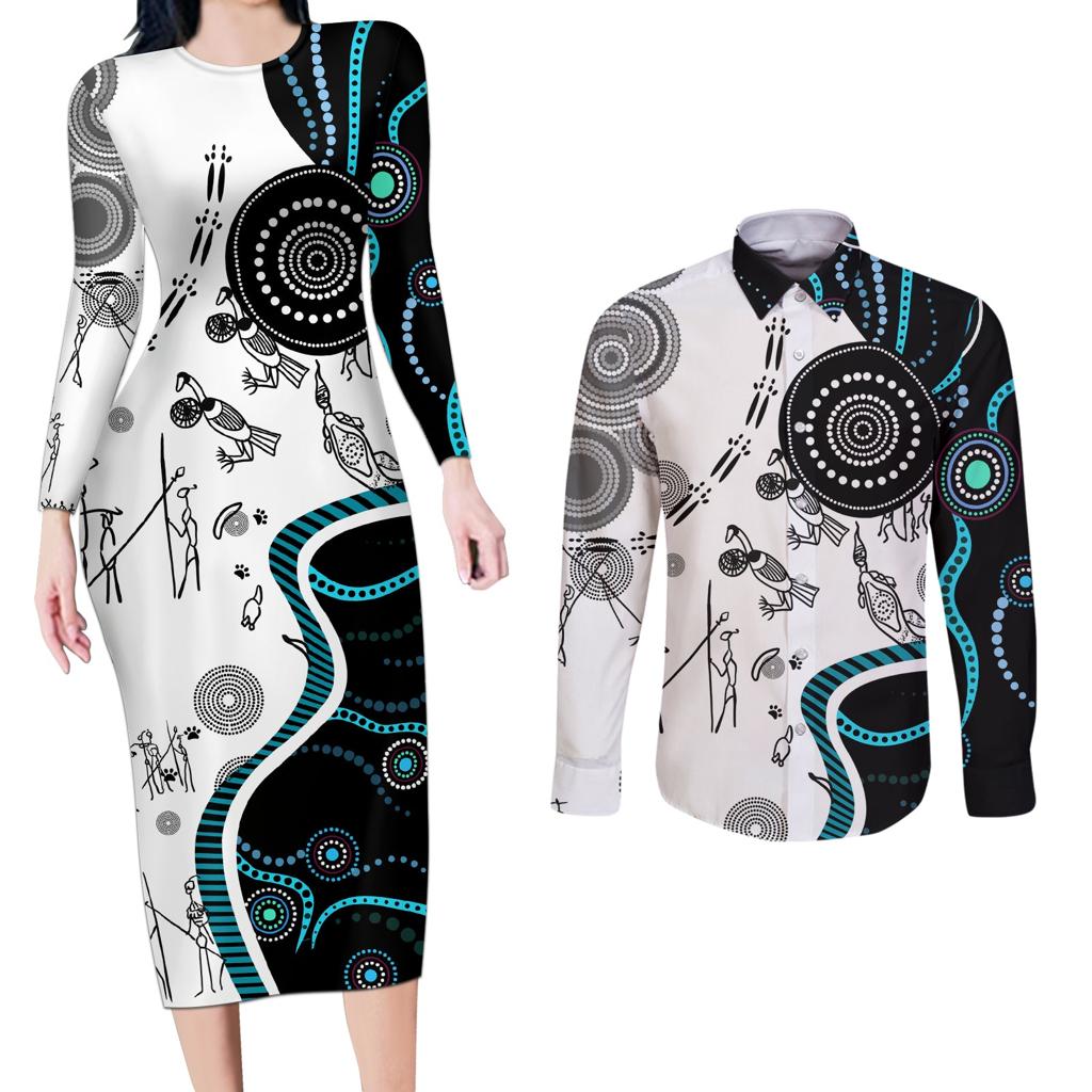 Aboriginal Pattern Torest  Strait Island Couples Matching Long Sleeve Bodycon Dress and Long Sleeve Button Shirt