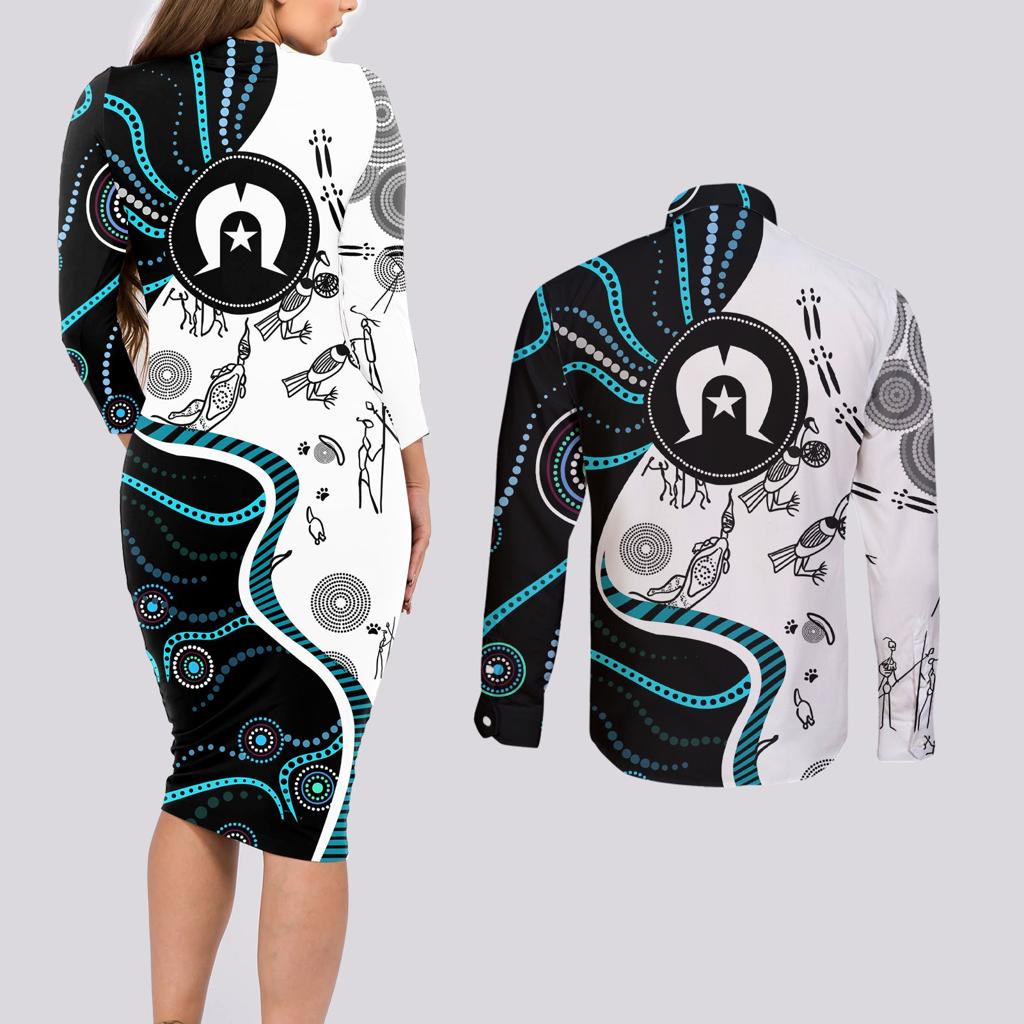 Aboriginal Pattern Torest  Strait Island Couples Matching Long Sleeve Bodycon Dress and Long Sleeve Button Shirt