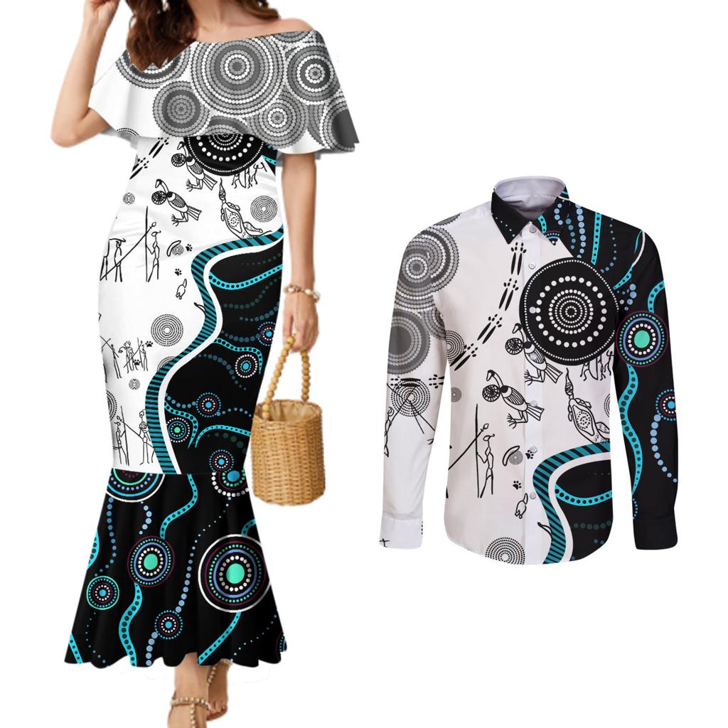 Aboriginal Pattern Torest  Strait Island Couples Matching Mermaid Dress and Long Sleeve Button Shirt