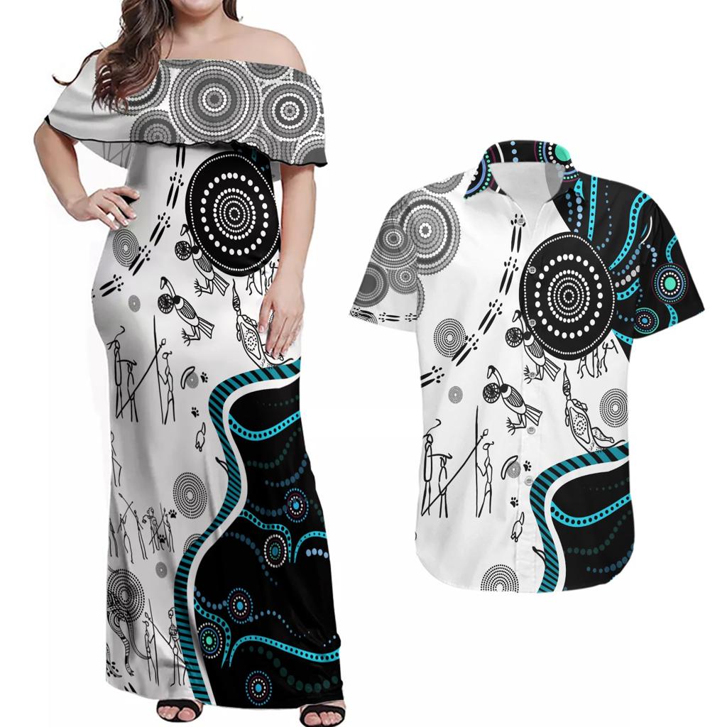 Aboriginal Pattern Torest  Strait Island Couples Matching Off Shoulder Maxi Dress and Hawaiian Shirt