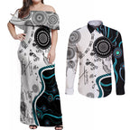 Aboriginal Pattern Torest  Strait Island Couples Matching Off Shoulder Maxi Dress and Long Sleeve Button Shirt