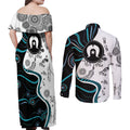 Aboriginal Pattern Torest  Strait Island Couples Matching Off Shoulder Maxi Dress and Long Sleeve Button Shirt