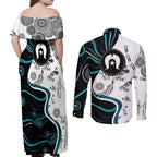 Aboriginal Pattern Torest  Strait Island Couples Matching Off Shoulder Maxi Dress and Long Sleeve Button Shirt
