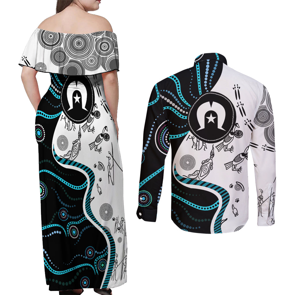 Aboriginal Pattern Torest  Strait Island Couples Matching Off Shoulder Maxi Dress and Long Sleeve Button Shirt