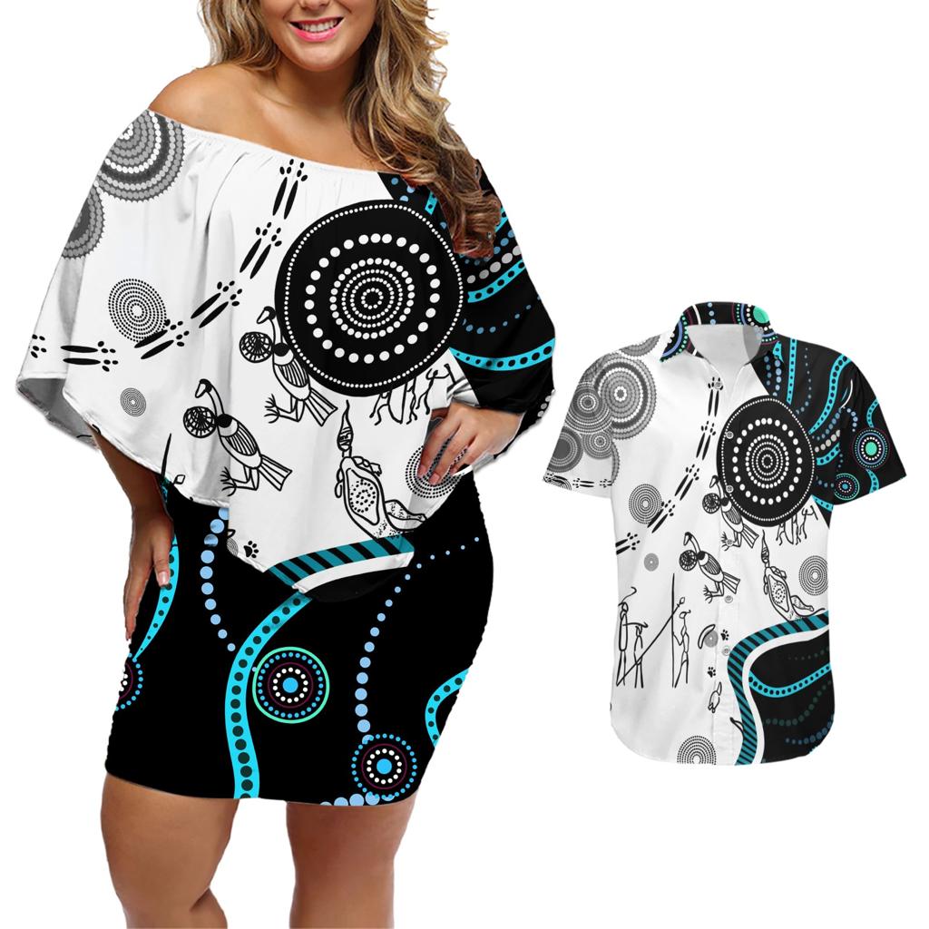 Aboriginal Pattern Torest  Strait Island Couples Matching Off Shoulder Short Dress and Hawaiian Shirt