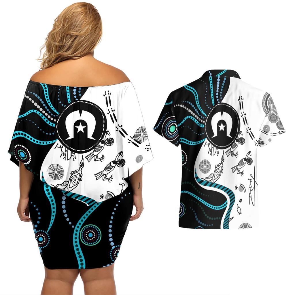 Aboriginal Pattern Torest  Strait Island Couples Matching Off Shoulder Short Dress and Hawaiian Shirt