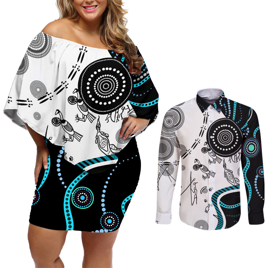 Aboriginal Pattern Torest  Strait Island Couples Matching Off Shoulder Short Dress and Long Sleeve Button Shirt