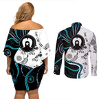 Aboriginal Pattern Torest  Strait Island Couples Matching Off Shoulder Short Dress and Long Sleeve Button Shirt