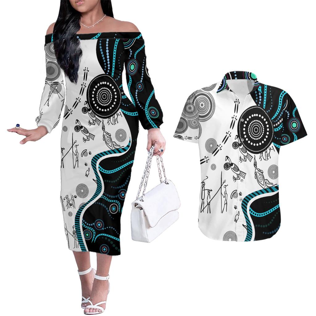 Aboriginal Pattern Torest  Strait Island Couples Matching Off The Shoulder Long Sleeve Dress and Hawaiian Shirt