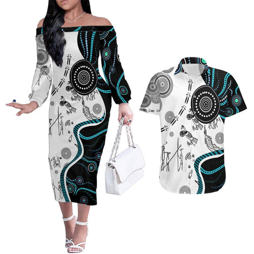 Aboriginal Pattern Torest  Strait Island Couples Matching Off The Shoulder Long Sleeve Dress and Hawaiian Shirt