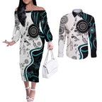 Aboriginal Pattern Torest  Strait Island Couples Matching Off The Shoulder Long Sleeve Dress and Long Sleeve Button Shirt