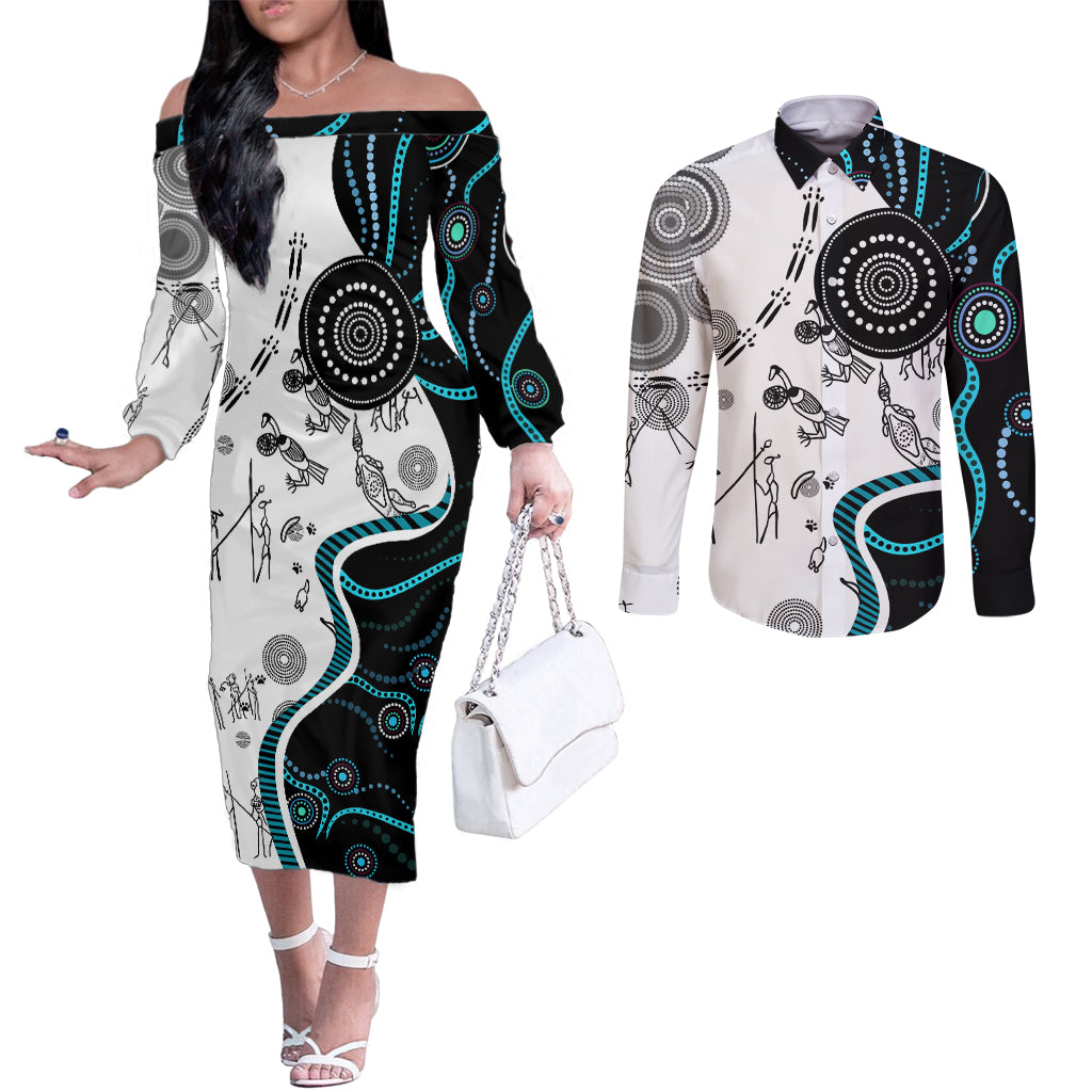 Aboriginal Pattern Torest  Strait Island Couples Matching Off The Shoulder Long Sleeve Dress and Long Sleeve Button Shirt