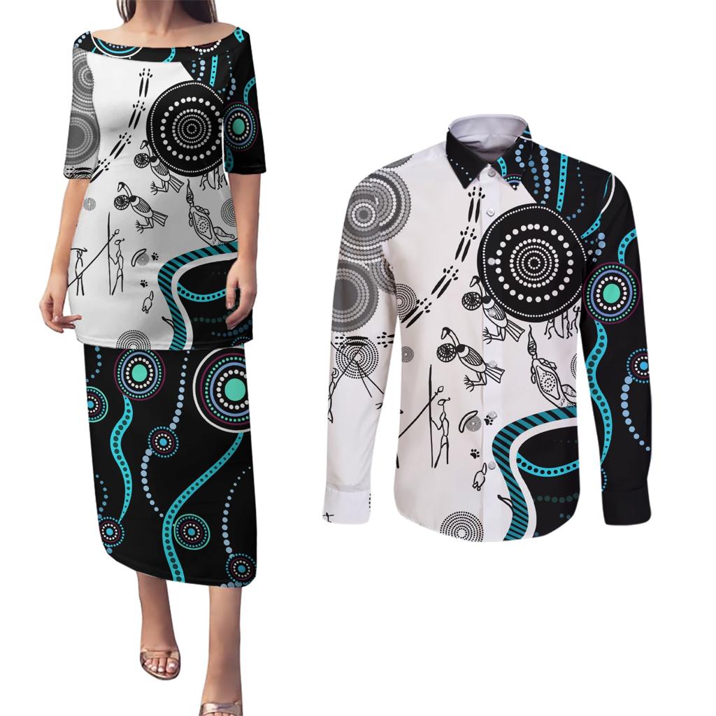Aboriginal Pattern Torest  Strait Island Couples Matching Puletasi and Long Sleeve Button Shirt
