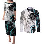 Aboriginal Pattern Torest  Strait Island Couples Matching Puletasi and Long Sleeve Button Shirt