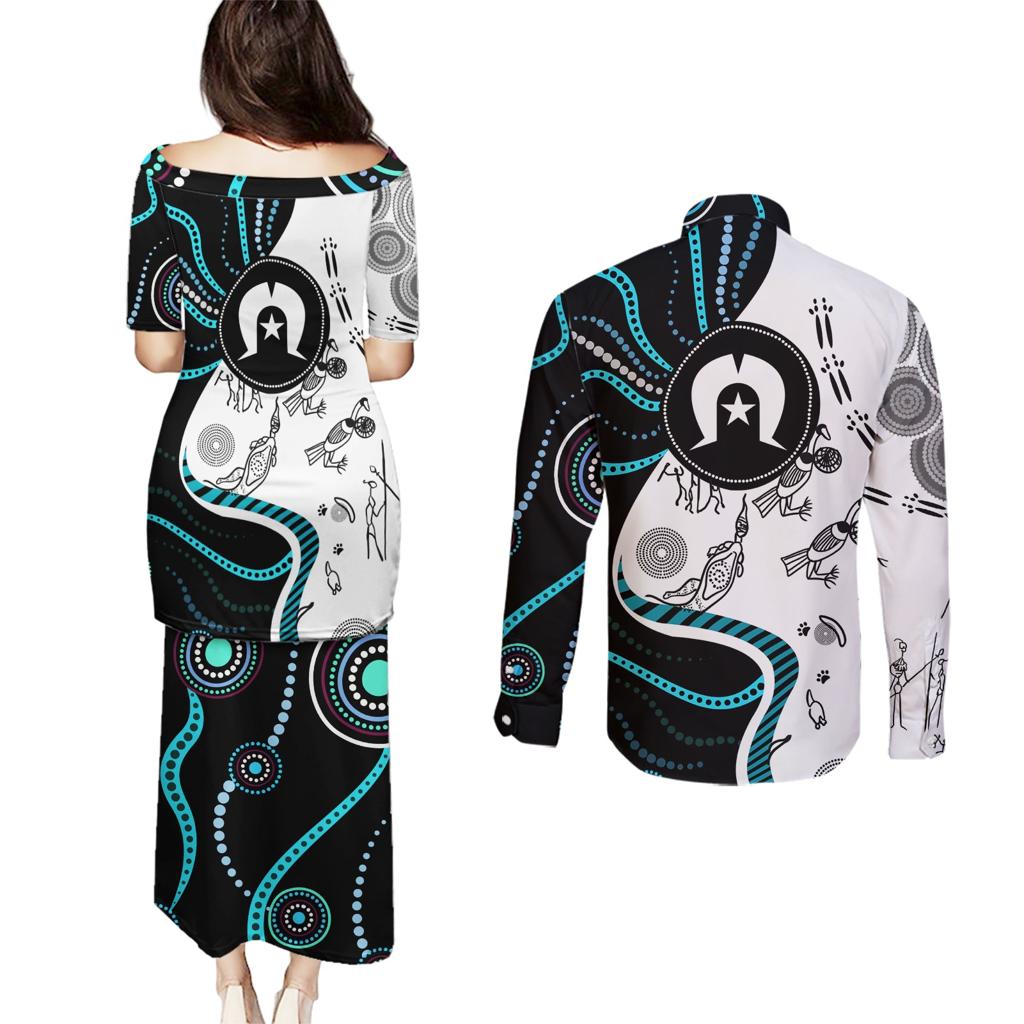 Aboriginal Pattern Torest  Strait Island Couples Matching Puletasi and Long Sleeve Button Shirt