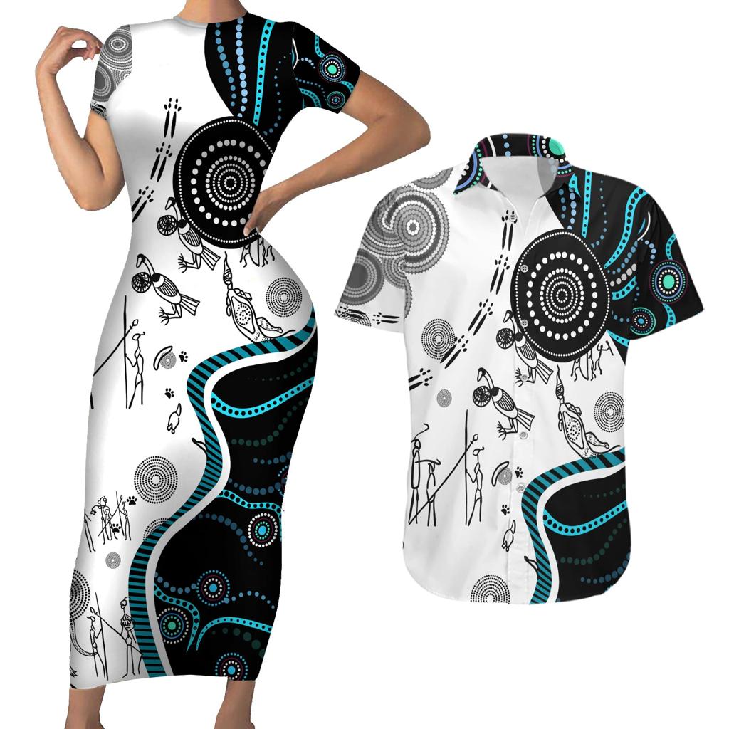 Aboriginal Pattern Torest  Strait Island Couples Matching Short Sleeve Bodycon Dress and Hawaiian Shirt