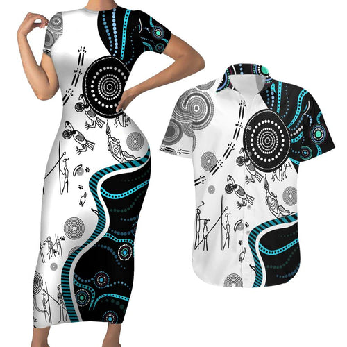 Aboriginal Pattern Torest  Strait Island Couples Matching Short Sleeve Bodycon Dress and Hawaiian Shirt